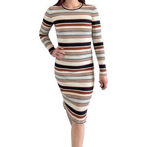 Madewell Ribbed Long-Sleeve Midi Dress in Multistripe Cream, Blue, Brown | S